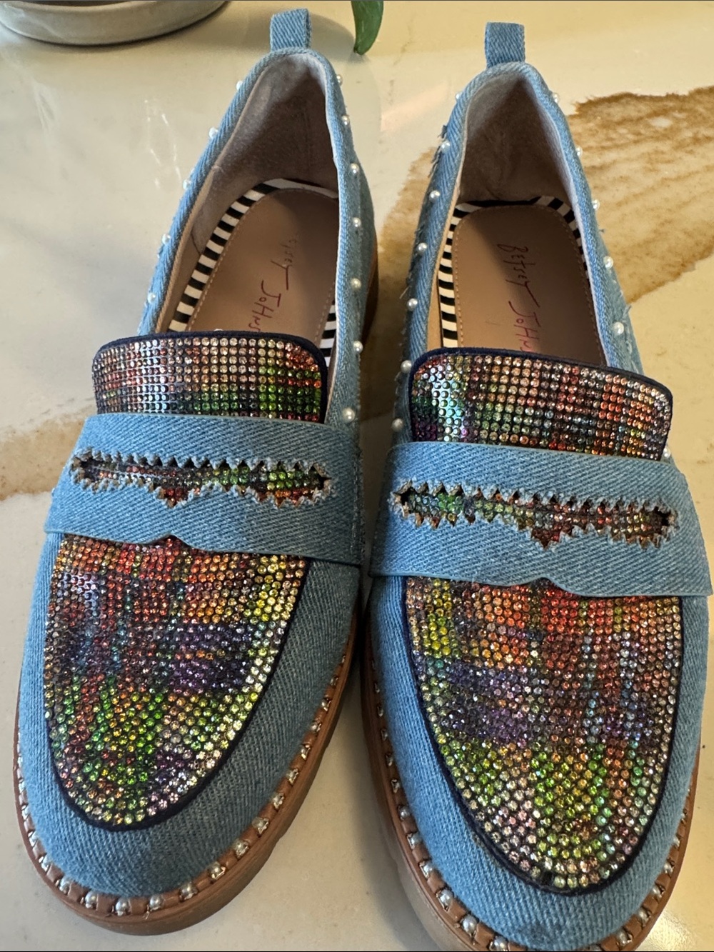 Betsey Johnson Blue Denim Loafers with Multicolor Rhinestones - Picture 2 of 5